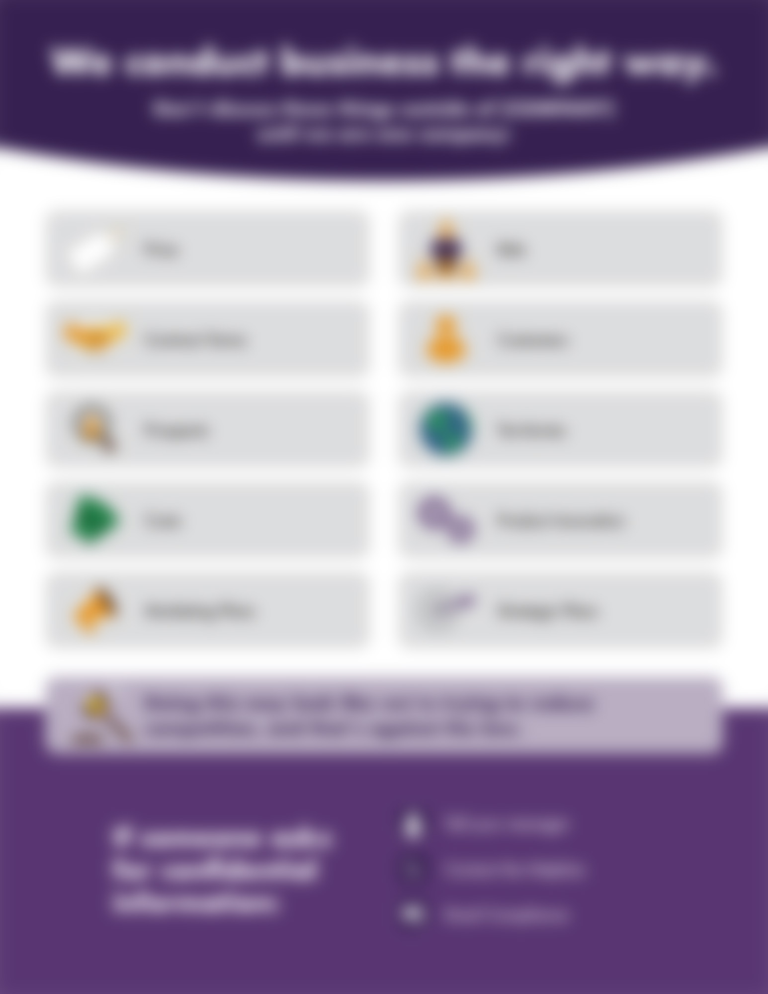 Joining forces is exciting, but jumping the gun and prematurely sharing confidential information is not (because, you know, the law).
Give this infographic to your employees at the onset of a merger or acquisition so they know what convos are off limits with folks from the other company—like pricing, contract terms, territories, product innovation, or any other strategic plans. That way, you’ll know they’re conducting business the right way and your integration won’t get disrupted by an honest, but illegal, mistake.
For greater impact, follow this up with our before an integration job aid. Joining forces is exciting, but jumping the gun and prematurely sharing confidential information is not (because, you know, the law).
Give this infographic to your employees at the onset of a merger or acquisition so they know what convos are off limits with folks from the other company—like pricing, contract terms, territories, product innovation, or any other strategic plans. That way, you’ll know they’re conducting business the right way and your integration won’t get disrupted by an honest, but illegal, mistake.
For greater impact, follow this up with our before an integration job aid.